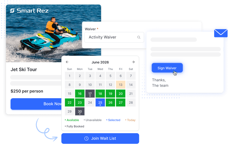 Booking calendar and digital waiver on a jet ski reservation
