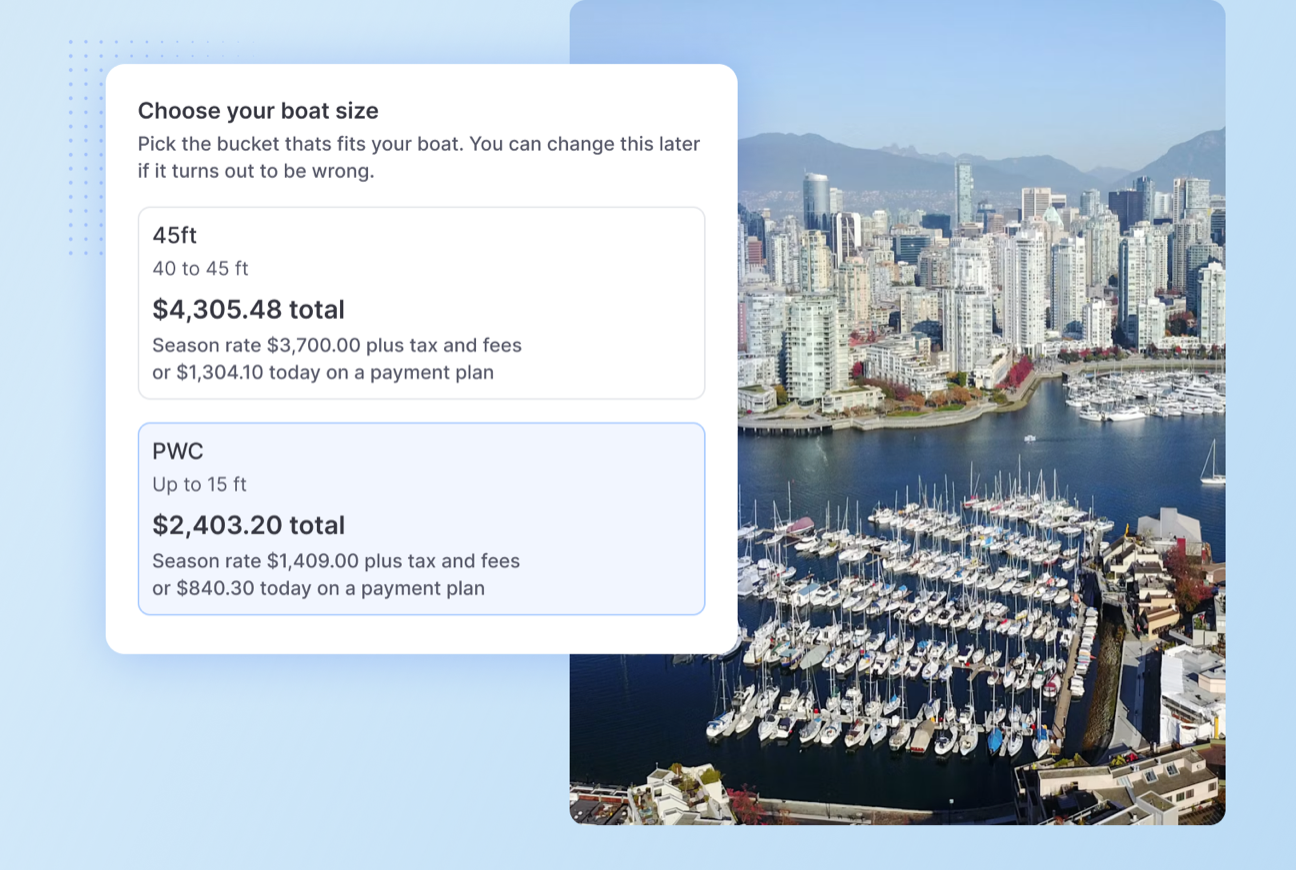 Marina booking software with boat size selection and slip pricing